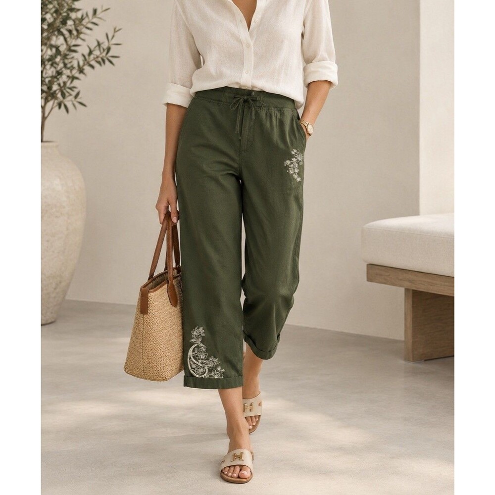 Palm Rio Womens Olive Green Floral Embroidered Cropped Jogger Pants Size M